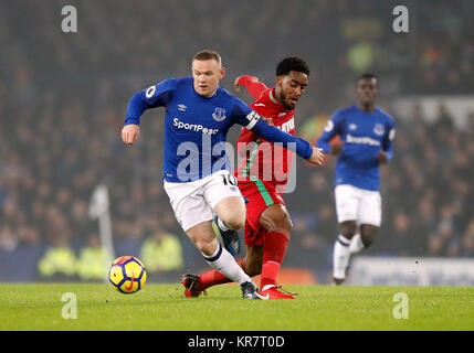 Die Swansea City Leroy Fer (rechts) und Everton's Wayne Rooney (links) Kampf um den Ball während der Premier League Spiel im Goodison Park, Liverpool. Stockfoto