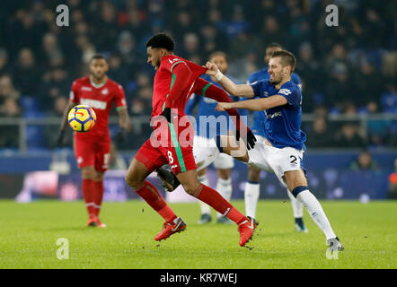 Die Swansea City Leroy Fer (links) und Everton ist Morgan Schneiderlin während der Premier League Spiel im Goodison Park, Liverpool. PRESS ASSOCIATION Foto. Bild Datum: Montag, 18. Dezember 2017. Siehe PA-Geschichte Fußball Everton. Foto: Martin Rickett/PA-Kabel. Einschränkungen: EDITORIAL NUR VERWENDEN Keine Verwendung mit nicht autorisierten Audio-, Video-, Daten-, Spielpläne, Verein/liga Logos oder "live" Dienstleistungen. On-line-in-Verwendung auf 75 Bilder beschränkt, kein Video-Emulation. Keine Verwendung in Wetten, Spiele oder einzelne Verein/Liga/player Publikationen. Stockfoto