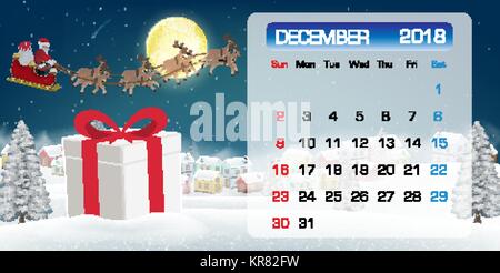 Kalender DEZEMBER 2018 Geschenk Box und Santa Claus Stock Vektor