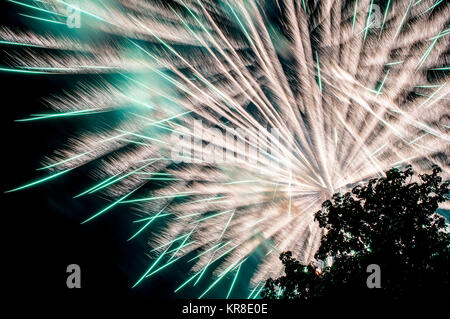 Funkelnde Feuerwerk über Nacht von einem Park und Bäume Silhouetten gesehen, traditionelle Veranstaltung im Castello Sforzesco, Mailand, Italien Stockfoto