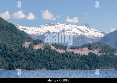 Clearcut Protokollierung auf einem steilen Hügel mit Schnee bedeckten Bergen im Hintergrund, Prince Of Wales zu erreichen, Jervis Inlet, Britisch-Kolumbien. Stockfoto