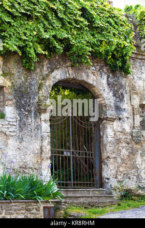 Gated gewölbten Eingang in einer verwitterten Wand bedeckt mit Efeu Stockfoto