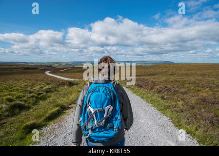 Irland, Cavan County, Cuilcagh Mountain Park, Frau wandern entlang der Straße Stockfoto