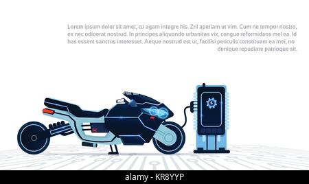 Realistische Motorrad Laden über Elektrizität blaue Sport elektrische Motorrad auf, während im Hintergrund Stock Vektor