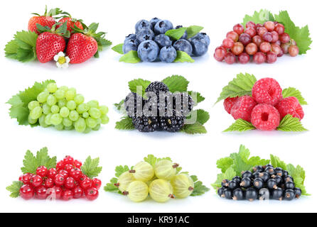 Sammlung Beeren Erdbeeren, Trauben Trauben Heidelbeeren Himbeeren Obst Stockfoto