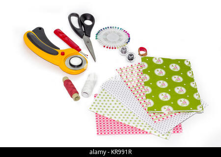 Zusammensetzung der Instrumente, Gegenstände und Stoffe für Quilting hobby Stockfoto