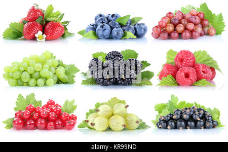 Sammlung Beeren Erdbeeren frische Trauben Trauben Heidelbeeren Himbeeren Obst Stockfoto