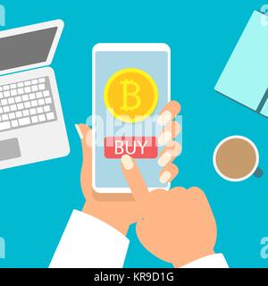 Business woman holding Smartphone mit Bitcoin, Vector Illustration Stock Vektor