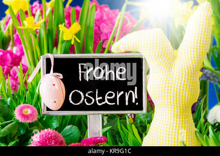 Frühlingsblumen, Frohe Ostern bedeutet Frohe Ostern Stockfoto