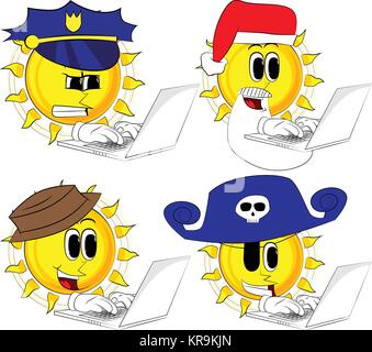 Cartoon sun Arbeiten mit Laptop. Sammlung mit Kostüm. Ausdrücke Vektor einrichten. Stock Vektor