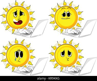 Cartoon sun Arbeiten mit Laptop. Sammlung mit traurigen Gesichtern. Ausdrücke Vektor einrichten. Stock Vektor