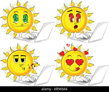 Cartoon sun Arbeiten mit Laptop. Sammlung mit verschiedenen Gesichtsausdrücke. Vektor einrichten. Stock Vektor