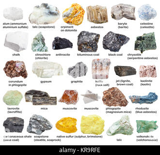 Verschiedene raw mineral Steine mit Namen isoliert Stockfoto