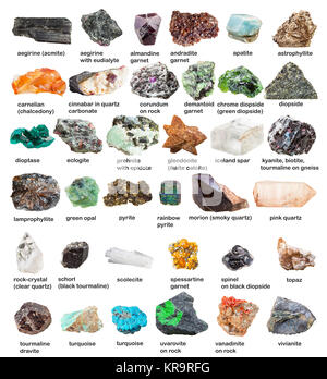 Sammlung von Edelsteinen und Kristallen mit Namen Stockfoto