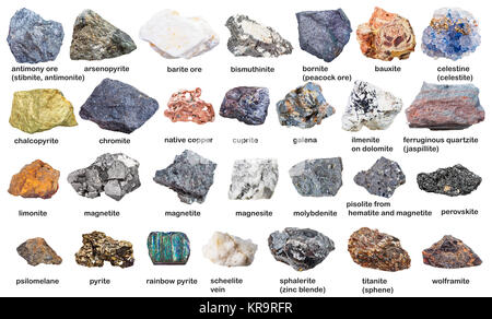 Von den rohen Mineralien und Erze mit Namen isolierte Gruppe Stockfoto