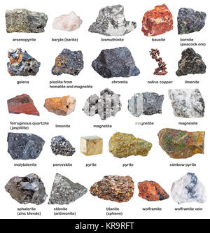 Sammlung von Mineralien und Erze mit Namen Stockfoto