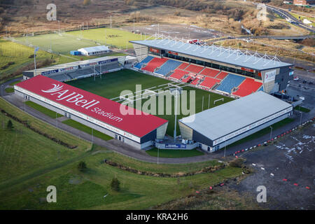 Eine Luftaufnahme des AJ Bell Stadium, Heimat der Verkauf Haifische Stockfoto