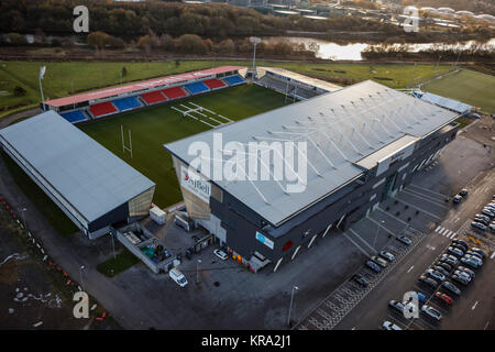 Eine Luftaufnahme des AJ Bell Stadium, Heimat der Verkauf Haifische Stockfoto