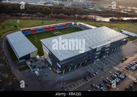 Eine Luftaufnahme des AJ Bell Stadium, Heimat der Verkauf Haifische Stockfoto