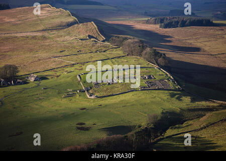 Eine Luftaufnahme der Housesteads Roman Fort auf Hadrian's Wall, Northumberland Stockfoto