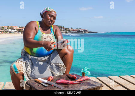 Lokale Frau von Santa Maria, Insel Sal, Salina, Kap Verde, Afrika ausnehmen und Vorbereitung frisch gefangenen Fisch Stockfoto