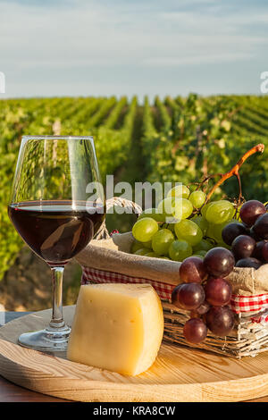 Nahaufnahme von Glas Rotwein vor einem Weinberg Stockfoto