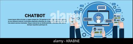 Chat Bot Konzept Hand, Laptop, Tablet- und Smart Handy Chatten mit Chatter horizontale Banner Online Support Service Konzept Stock Vektor