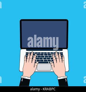 Business Mann mit Laptop Computer ein Draufsicht auf blauem Hintergrund Thin Line Design Stock Vektor