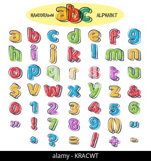 Bunte doodle Alphabet. Kinder handschriftlichen Kritzeleien font oder kindlich Bleistift scratch Buchstaben und Zahlen Vector Illustration Stock Vektor