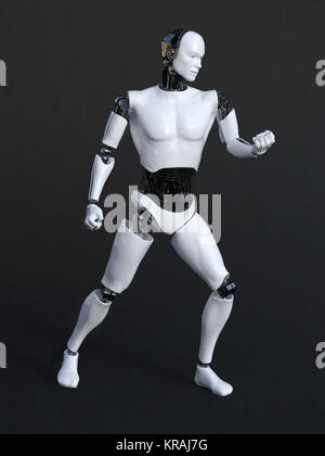 3D-Rendering eines Roboters Mann in einen Sieg darstellen. Stockfoto