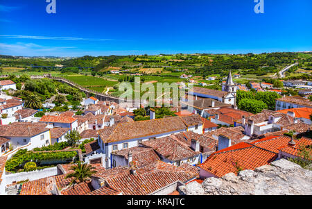 Burgmauern Orange Dächer Ackerland Landschaft Obidos Portugal Stockfoto