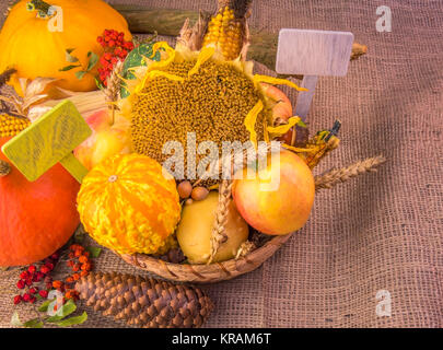 Weidenkorb mit einer Fülle von Herbst-Produkte Stockfoto