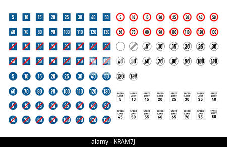 Große Reihe von Tempolimit verschiedene Verkehrszeichen auf weiß Stockfoto