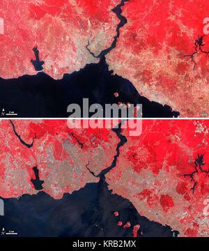 Istanbul hat einen lebhaften Handel Stadt seit Tausenden von Jahren. In diesem 1975 Bild, von Landsat, die Zentren auf das Goldene Horn, die in der Mündung des Bosporus Gerade fließt in der Mitte der Szene. In der falschen Farbe angezeigt, die Vegetation ist rot, die städtischen Gebiete sind Grau, und Wasser erscheint schwarz. Eine Brücke, die 1973 erbaute der Asiatischen und Europäischen Seiten von Istanbul zu verbinden ist kaum sichtbar. Von 2011, der Istanbuler Bevölkerung hatte von 2 bis 13 Millionen Menschen explodierte, und die Stadt hat durch eine dramatische Expansion gegangen. Diese Landsat 5 Bild zeigt dicht gepackten städtischen Gebieten entlang der S Stockfoto