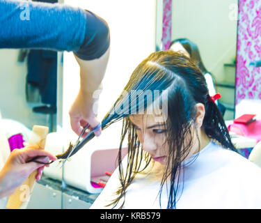 Frau in Friseursalon schneiden ihre langen, nassen Haare vor dem Gesicht bedeckt mit weißem Umhang und sitzen vor einem Spiegel. Der Stylist verwendet die Schere. Stockfoto