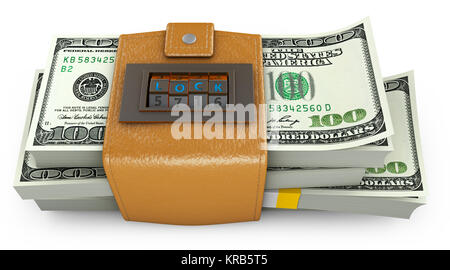 Geschwollene Handtasche in Form einer Kombination Sperren, die ein Pack von Dollar. 3D-Rendering. Stockfoto