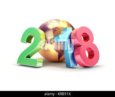 Buntes neues Jahr Datum 2018, komponiert mit einem gold Planet Erde, auf weißen, 3-D-Abbildung isoliert Stockfoto
