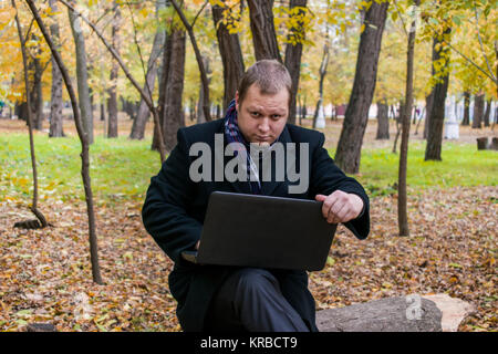 Geschäftsmann mit einem Laptop im Park im Herbst. Junge Mann sitzt auf Baum im Park mit dem Laptop auf dem Schoß und überprüft E-Mail. Ein Mann arbeitet und sieht Stockfoto