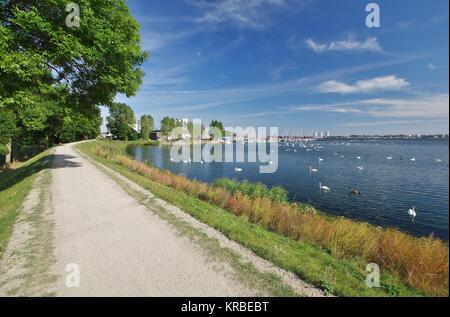 Fehmarn, Blick von der Straße auf die Bank auf der Burger See und die Marina von Burg Stockfoto