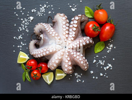 Rohen Tintenfisch mit Kalk, Tomaten und Basilikum Stockfoto