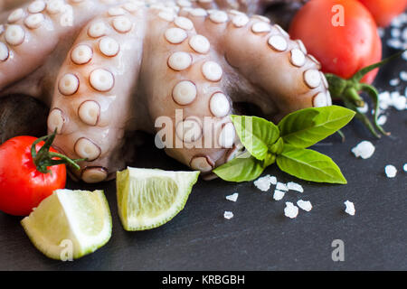 Rohen Tintenfisch mit Kalk, Tomaten und Basilikum Stockfoto