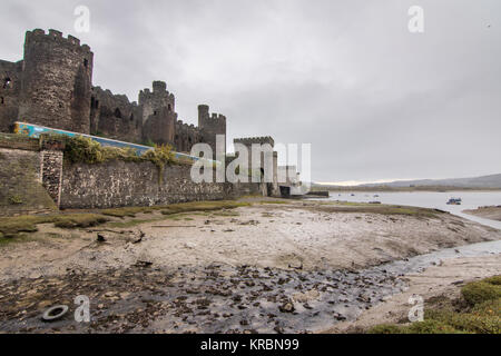 Conwy, Wales, Großbritannien - 5 November, 2015: Arriva Trains Wales Diesel-pkw zug Conwy Castle an der Mündung des Flusses Conwy in Norden Wale Stockfoto