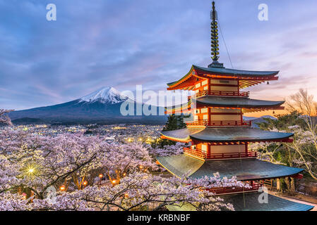 Mt. Fuji und Tempel Pagode in Fujiyoshida, Japan. Stockfoto