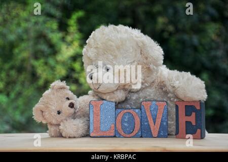 Zwei Teddybären mit Liebe Steine gegen grüne Natur Hintergrund Stockfoto