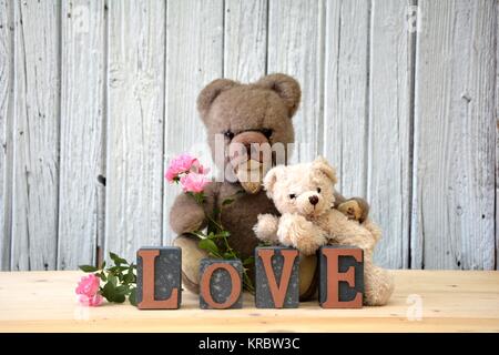 Zwei Teddybären mit Rosen und liebe Schriftzug gegen weiße Holzwand Stockfoto