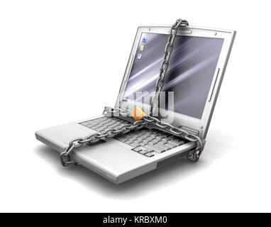 3D Rendern eines Laptops mit einem Vorhängeschloss und Kette um ihn herum Stockfoto