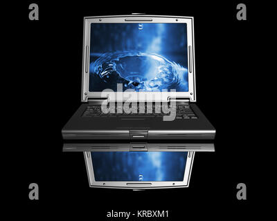 3D Rendering eines schwarzen Laptops mit Wasser Tropfen Bild auf dem Bildschirm Stockfoto
