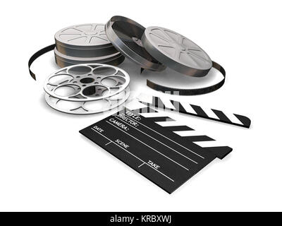 3D Rendern von Filmrollen, Clapper Board und Film Kanister auf weißem Hintergrund Stockfoto