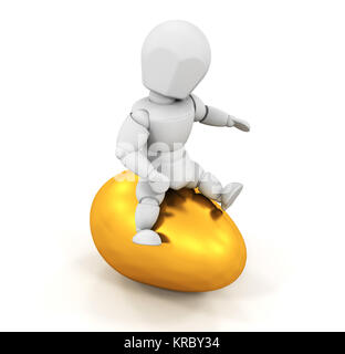 3D Rendern von jemand sitzt auf einem goldenen Osterei Stockfoto