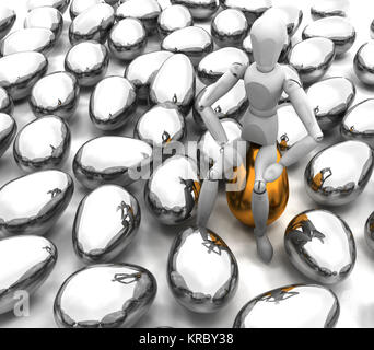 3D Rendern von jemandem sitzt oben auf ein goldenes Ei Stockfoto